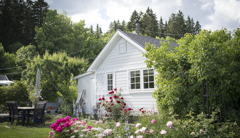 Hus med blomster i hagen